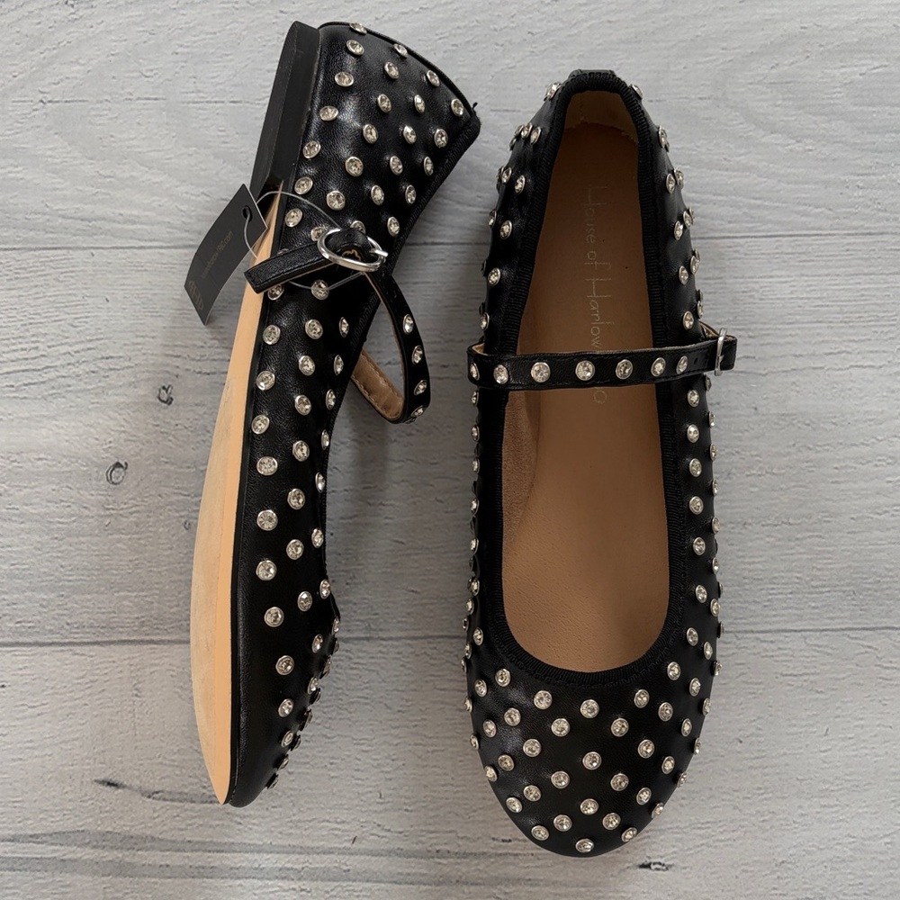 House Of Harlow 1960 Crystal Studded Mary Jane‎ Ballet Flats Size 7.5 Black